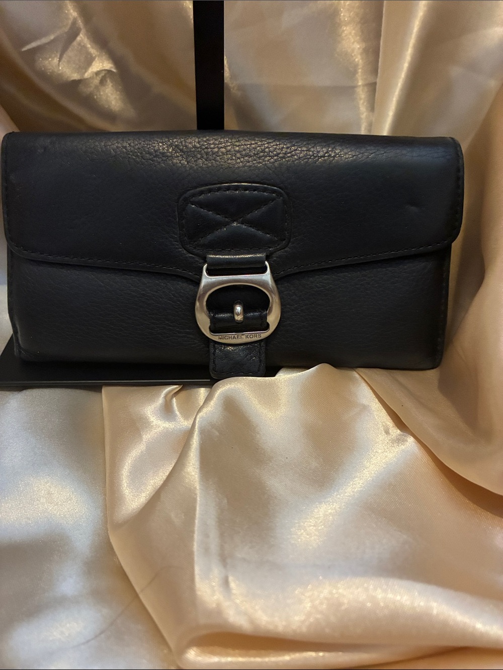 Michael Kors Black Leather Clutch with Silver Buckle